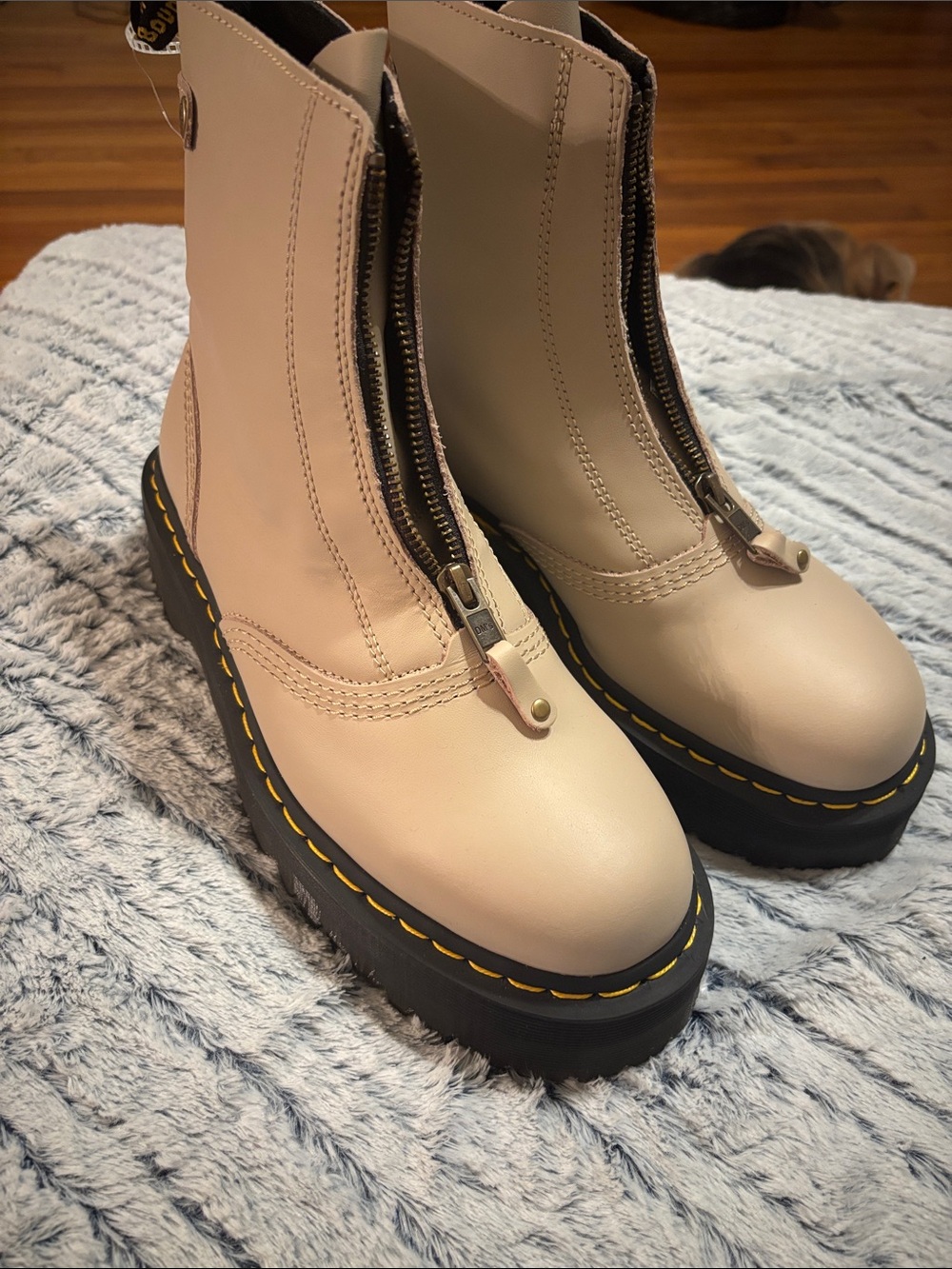 Dr. Martens Beige Front-Zip Platform Lace-Up Boots with Yellow Stitching